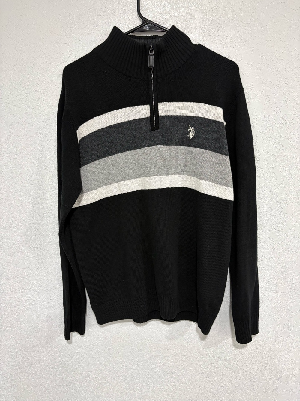 U.S. Polo Assn. Black Half-Zip Sweater with Gray and White Stripes